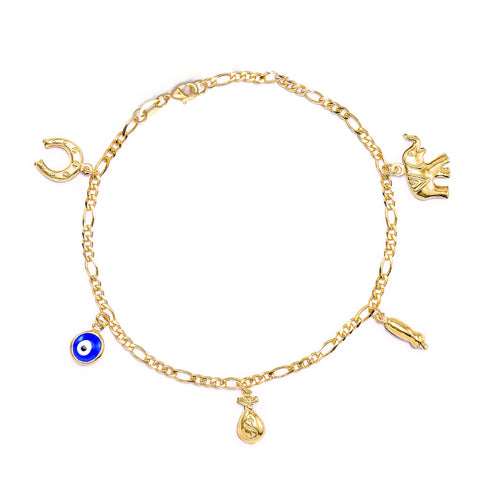 Introducing the Women Mega Lucky Charms Bracelet, crafted in 14k gold-filled material to radiate positive energy. This exquisite piece is embellished with five amulets, including a horseshoe, elephant, blue evil eye, money bag, and figa hand. It is elegantly secured with a lobster clasp closure for added sophistication.